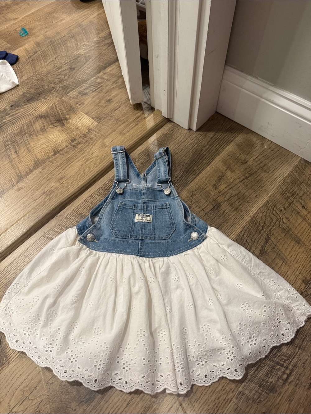 OshKosh B'gosh Blue Denim Top with White Eyelet Skirt Overalls